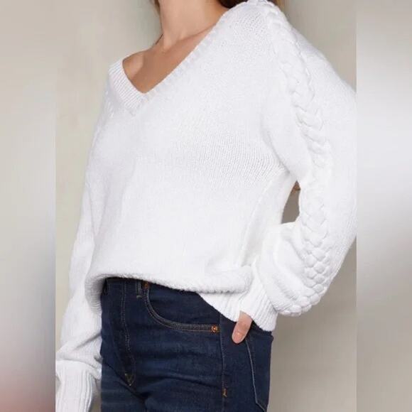 The Westside Tori V-Neck Cable Knit Cotton Sweater in Blue - Picture 7 of 7